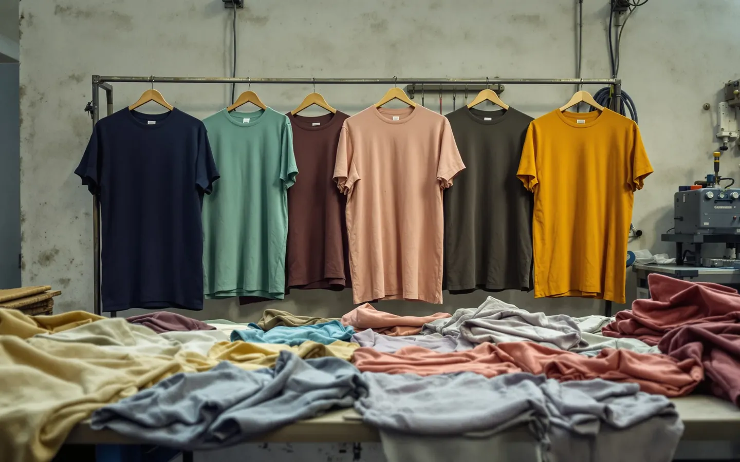 A knitwear sample room in Gazipur with garment-dyed tees, rendered