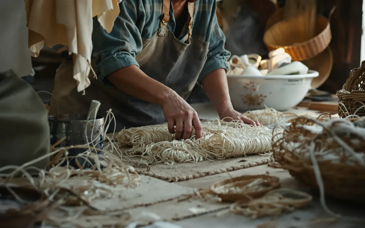 Woven baskets and silk textiles, rendered