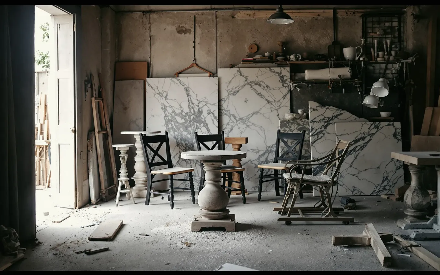 Marble slabs and hand-turned furniture in a workshop, rendered