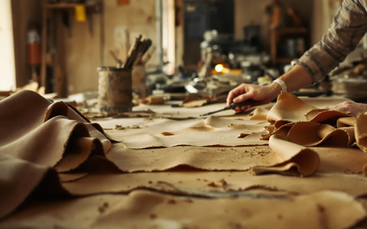 Vegetable-tanned leather hides in a Tuscan workshop, rendered