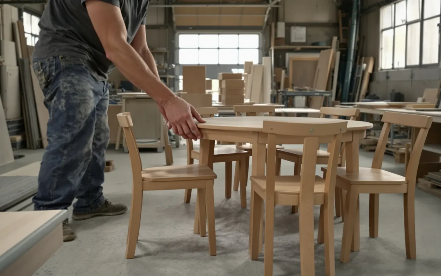 Rubberwood dining furniture on a factory floor, rendered