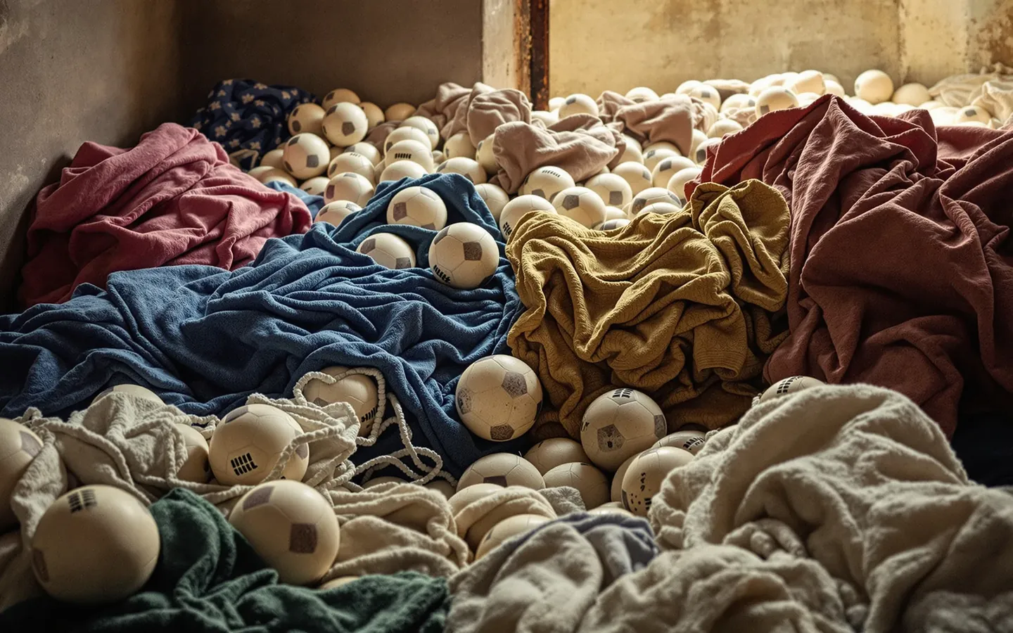 Hand-stitched footballs and terry towels in a Sialkot and Karachi style workshop, rendered