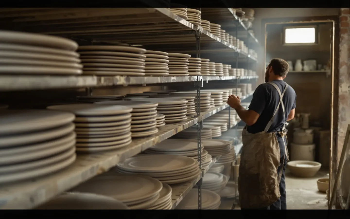 Stoneware plates on kiln racks in a Caldas da Rainha style pottery, rendered