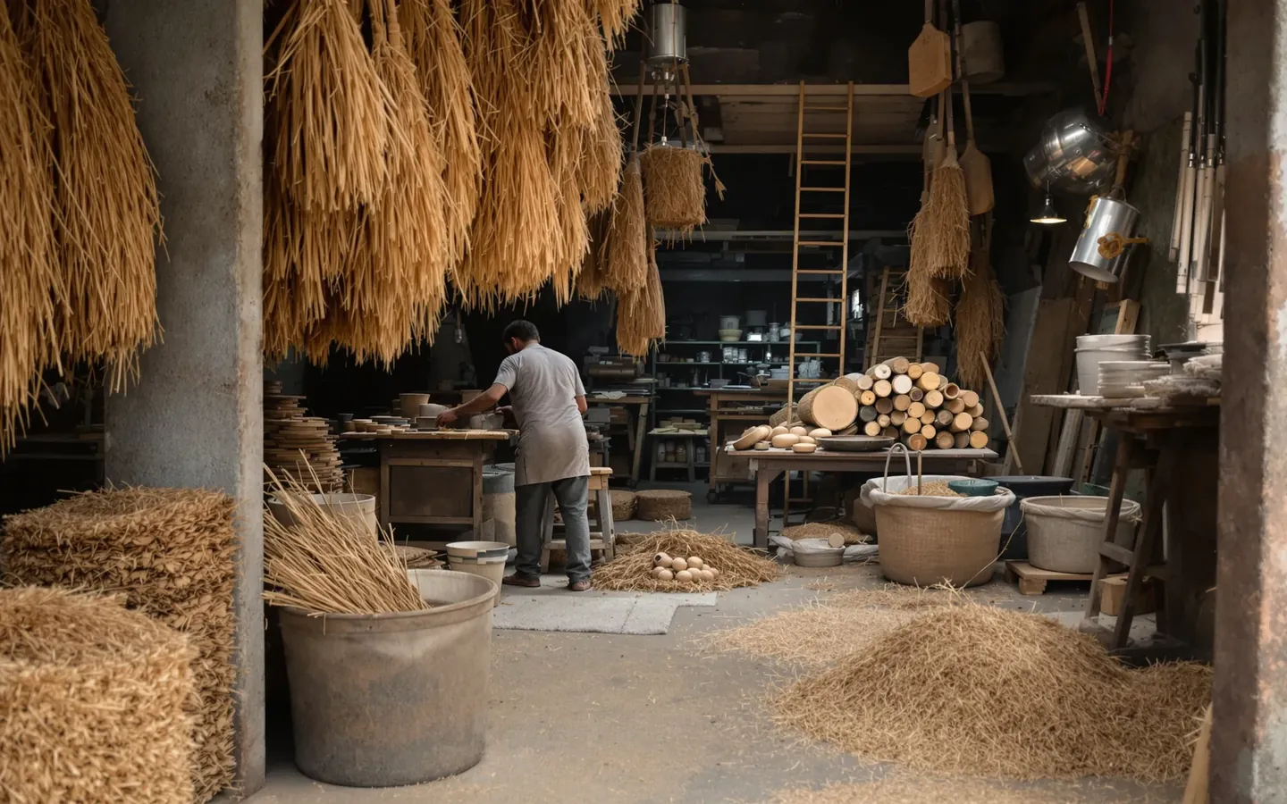 Coir and rubberwood products in a workshop, rendered