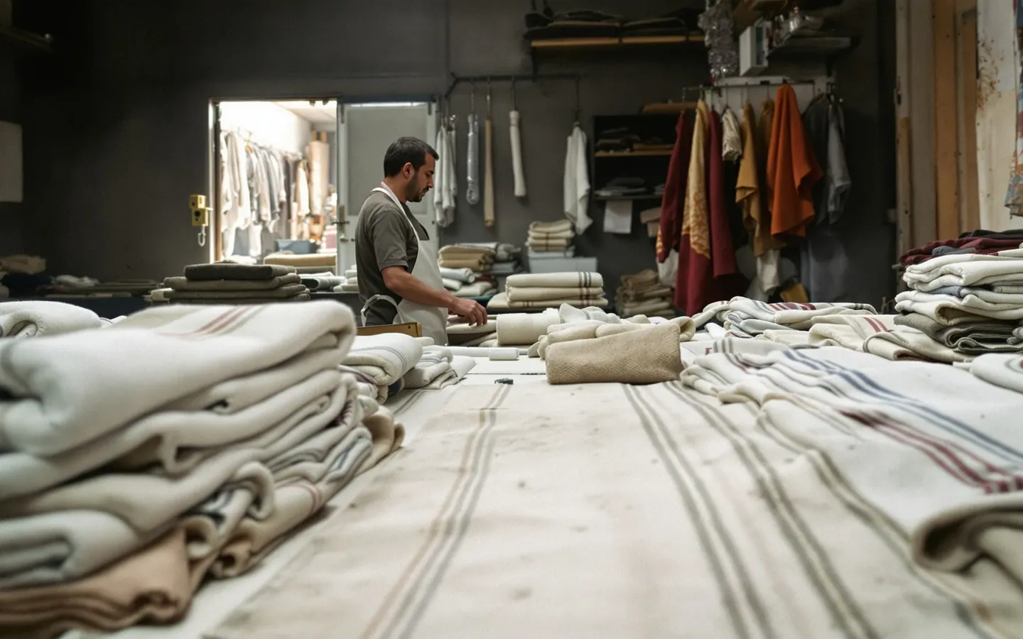 Towels and jacquard fabrics in a Denizli mill warehouse, rendered
