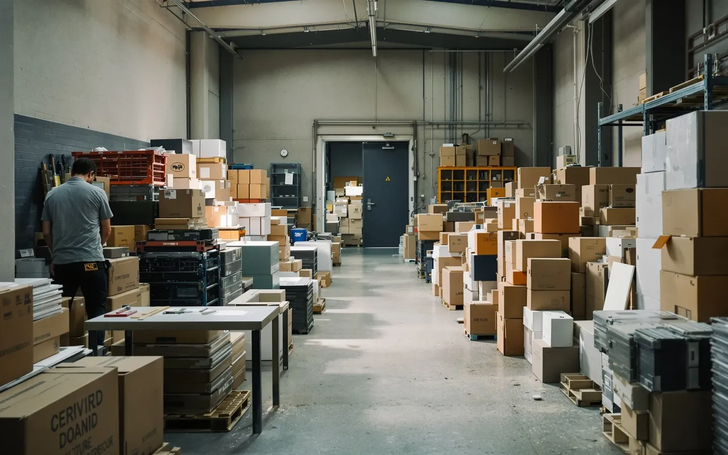 A re-export warehouse with mixed furniture and decor cartons, rendered