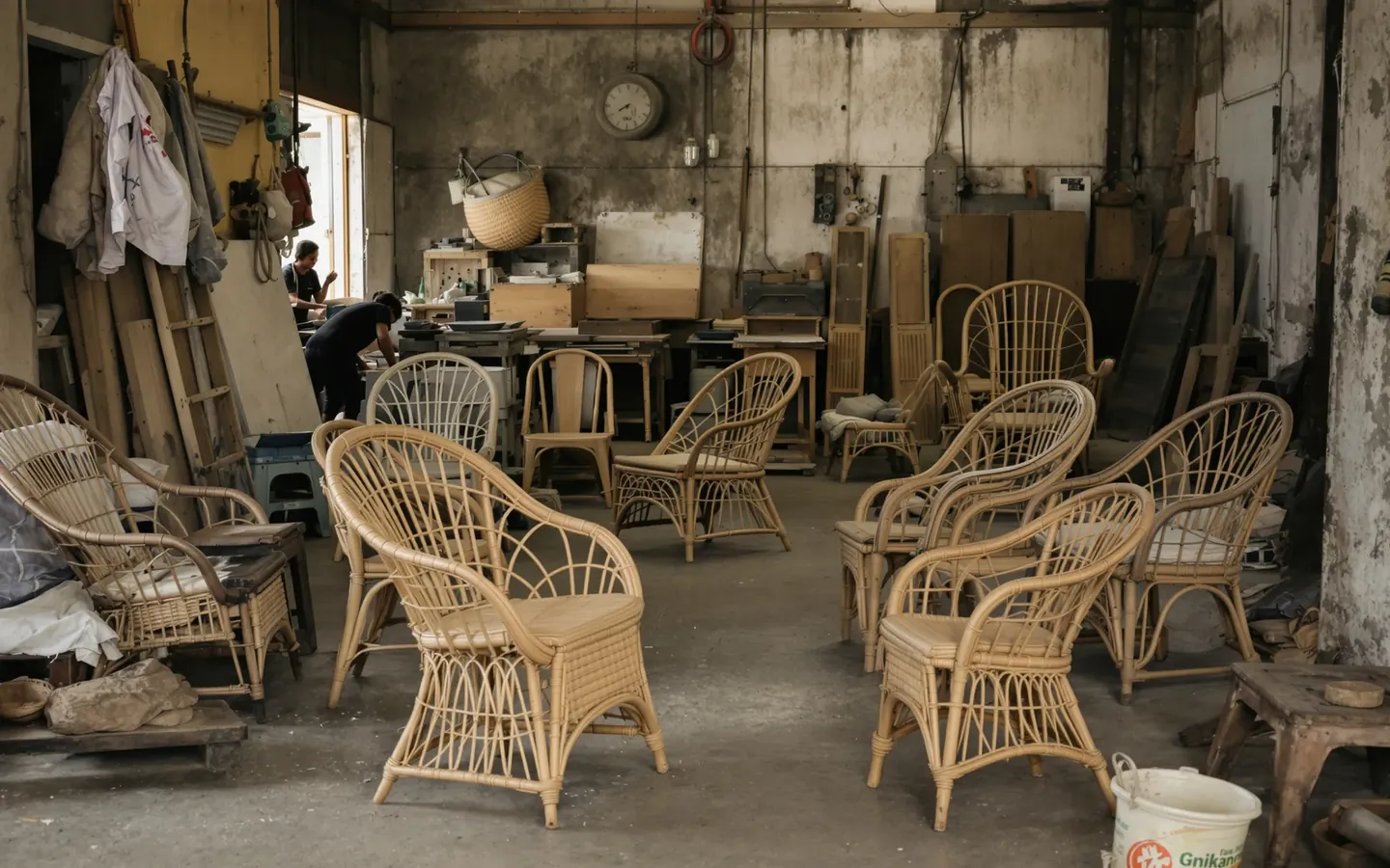 Acacia outdoor furniture and rope-woven chairs in a Binh Duong factory, rendered