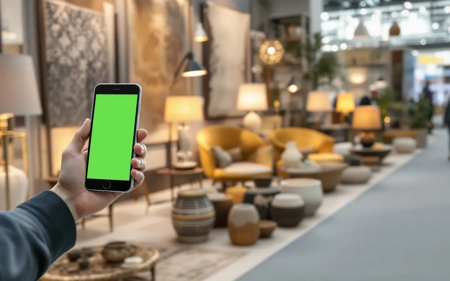 An exhibitor stand at a trade fair with a buyer opening the Digital Booth on a phone, rendered