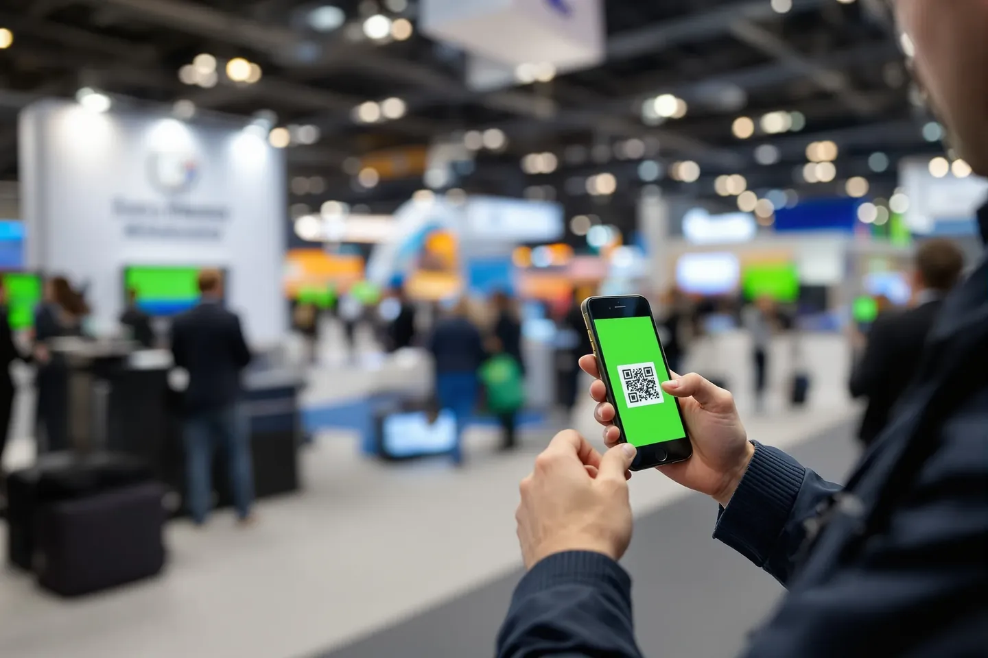 A buyer at a fair stand opens the exhibitor Digital Booth on a phone, rendered