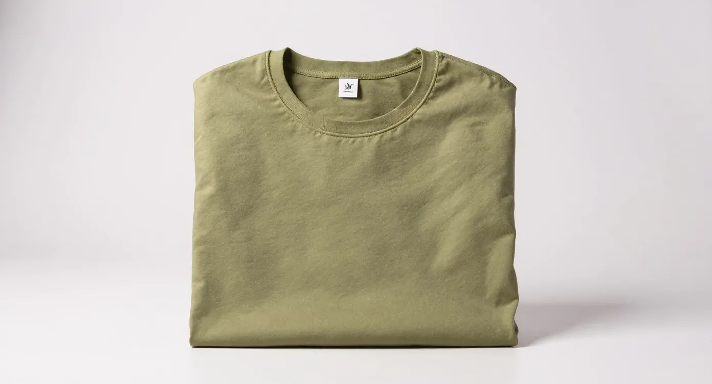 The same faded olive t-shirt as a clean catalog packshot on an off-white background