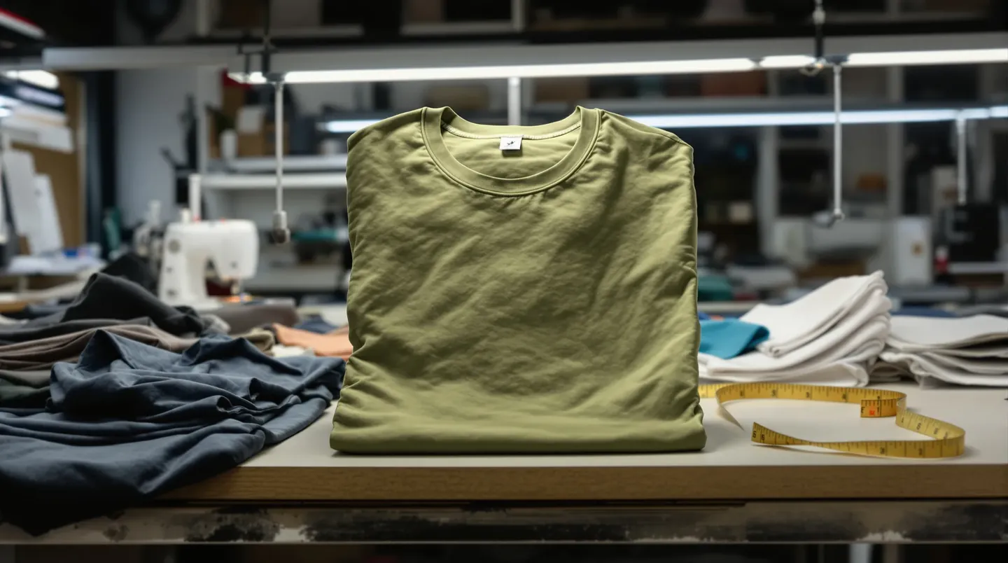 Phone photo of a folded garment-dyed cotton t-shirt in faded olive on a workshop table