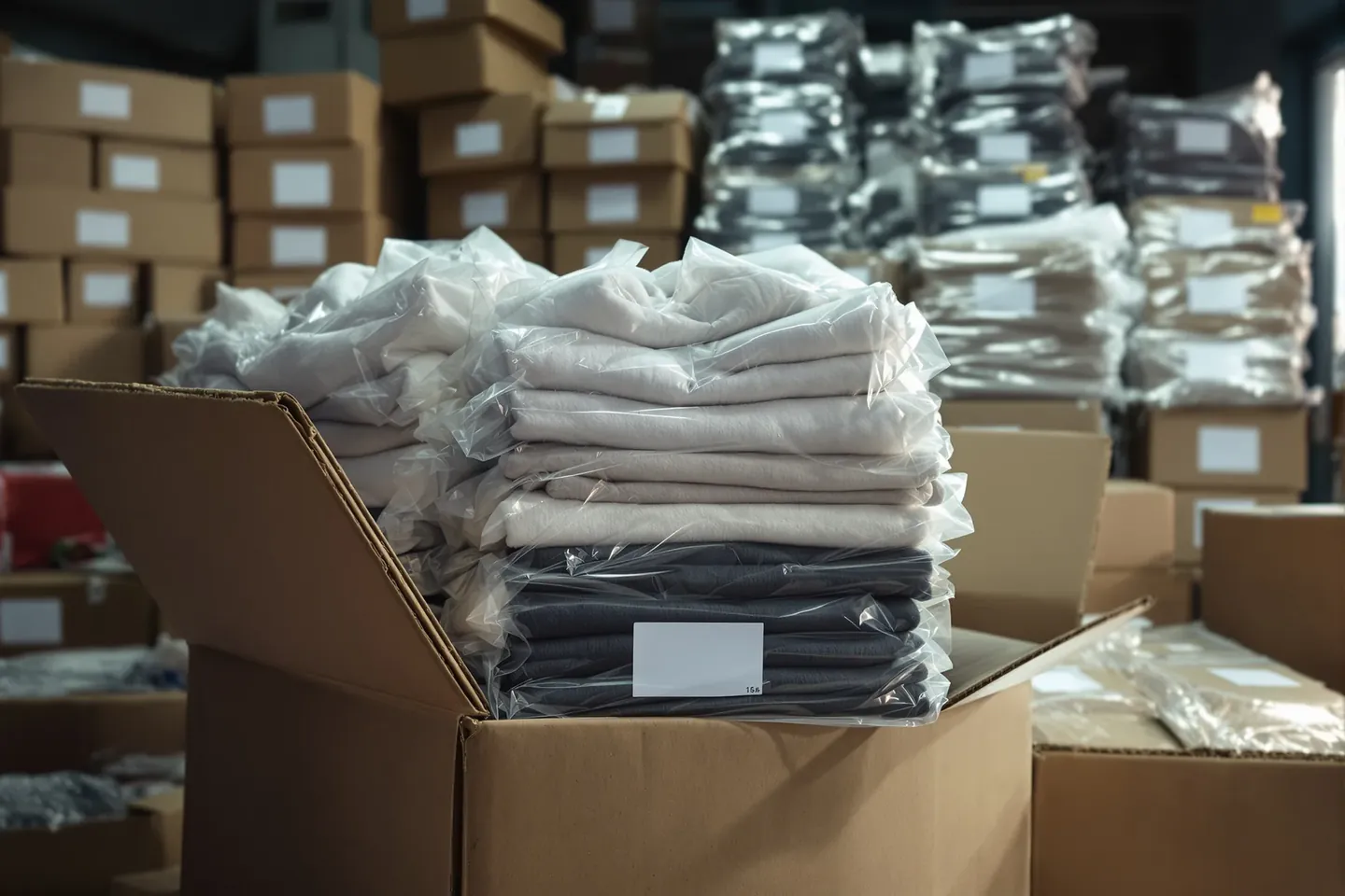 Folded t-shirts in clear poly bags packed into a master carton