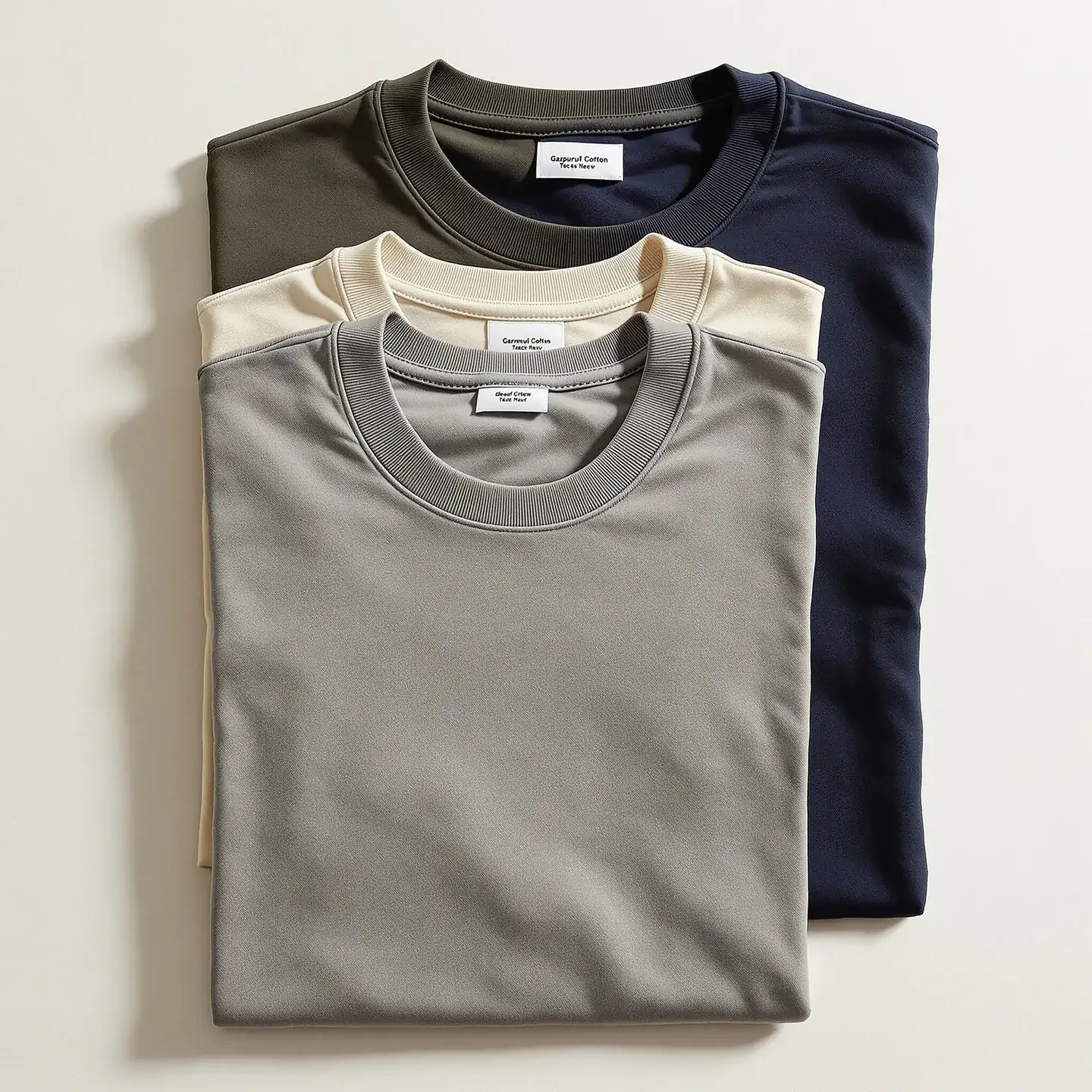 A flat-lay of three folded heavyweight cotton t-shirts in garment-dyed faded olive