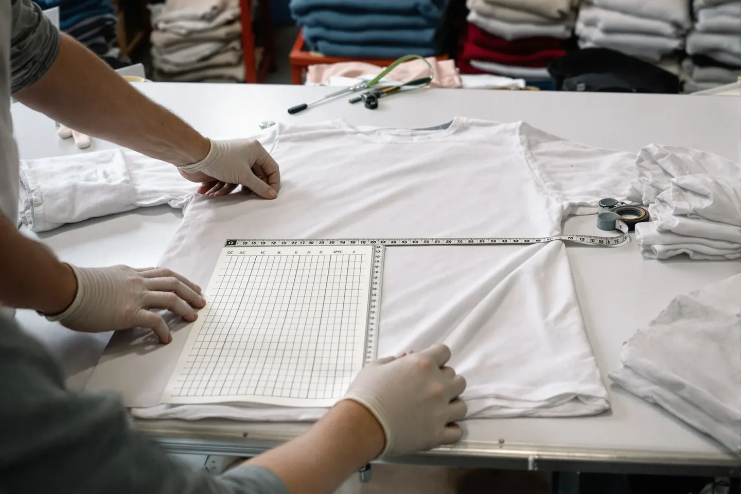 Hands measuring a t-shirt laid flat on a white quality control table with a tape measure