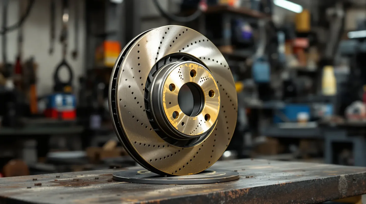 Phone photo of a vented brake disc on a workshop workbench
