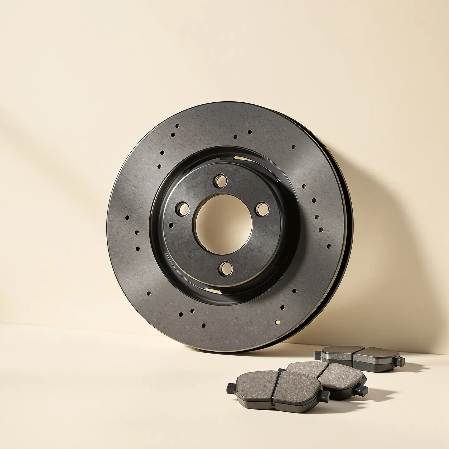 A vented cast-iron brake disc with a drilled and slotted face and a coated hub