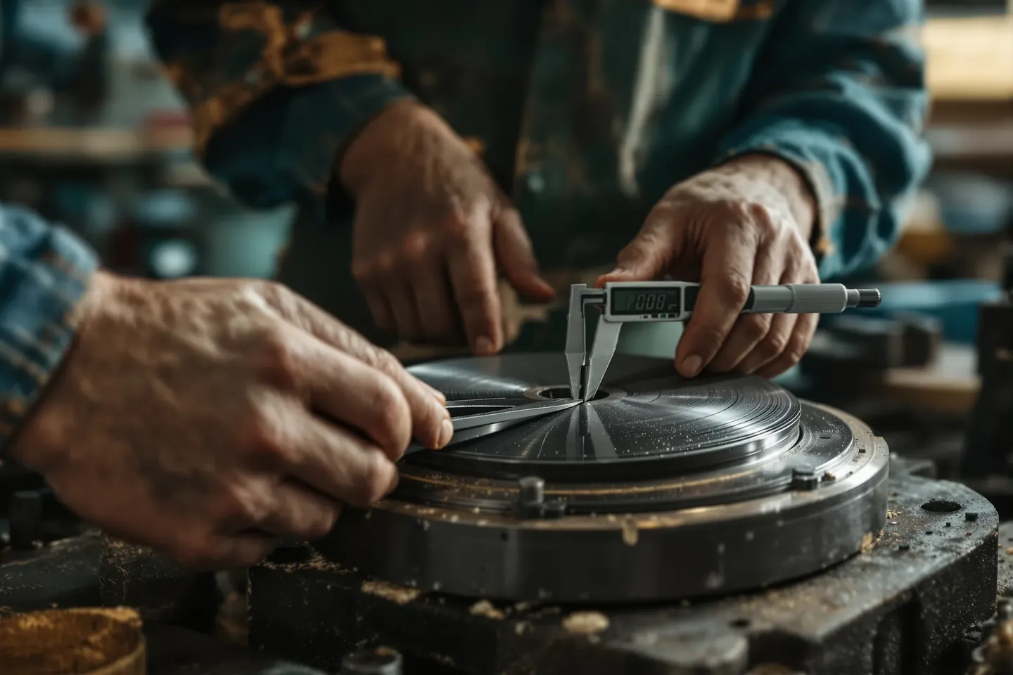 Hands measuring brake disc thickness with a micrometer