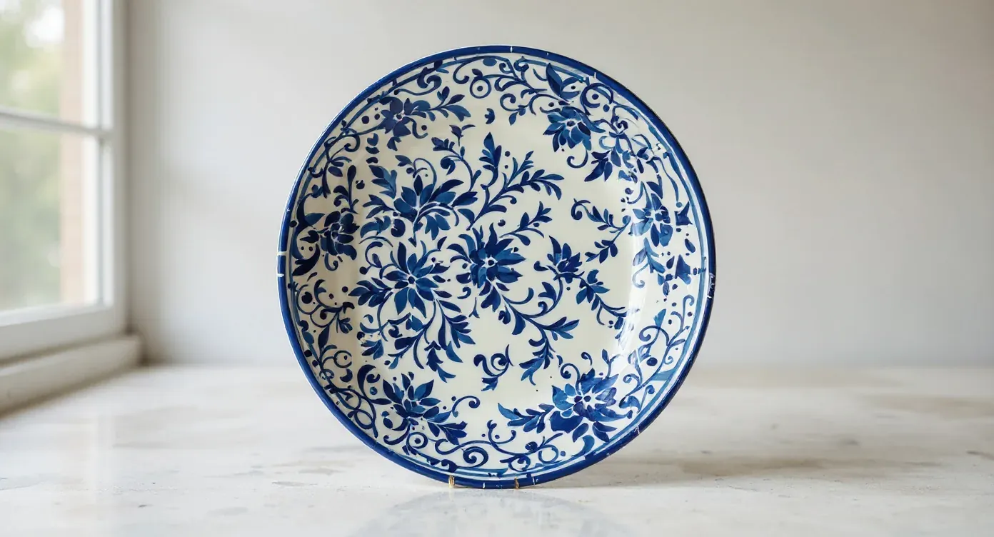 The same hand-painted platter as a clean catalog packshot on an off-white background
