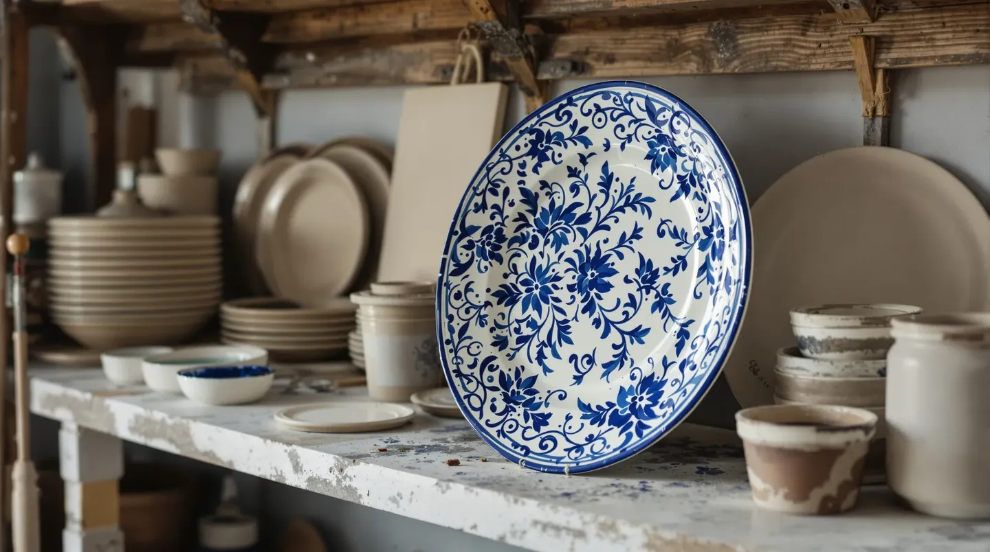 Phone photo of a hand-painted blue and white tin-glazed serving platter in a Talavera style, in a workshop