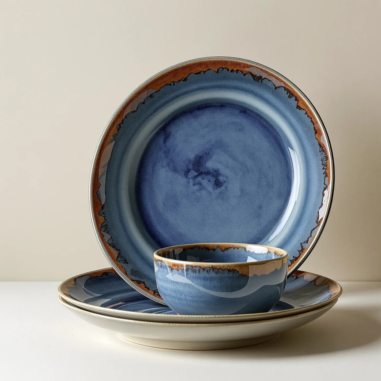 A stoneware dinner setting with a dinner plate