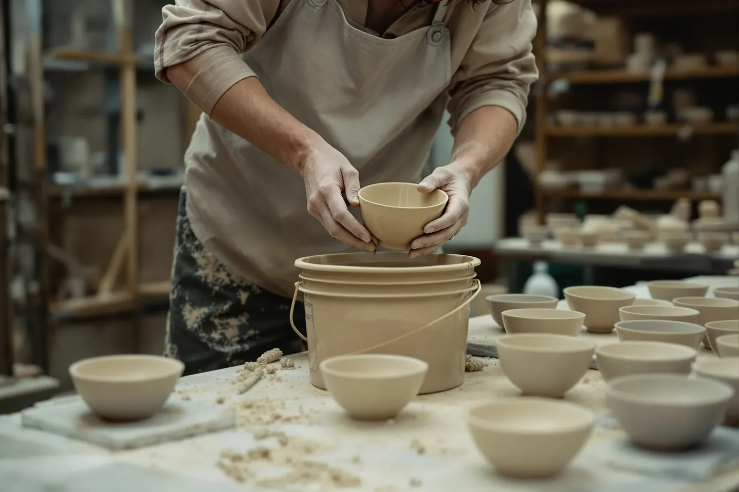 Hands dipping a bisque bowl into a bucket of glaze