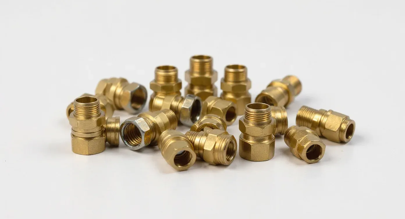The same brass cable glands as a clean catalog packshot on an off-white background