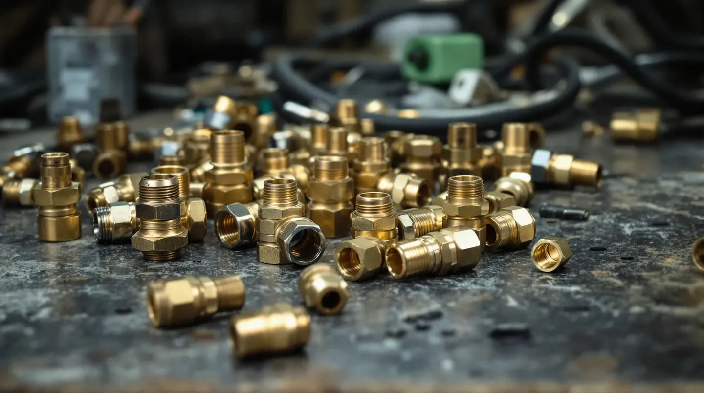 Phone photo of a handful of brass cable glands in a workshop