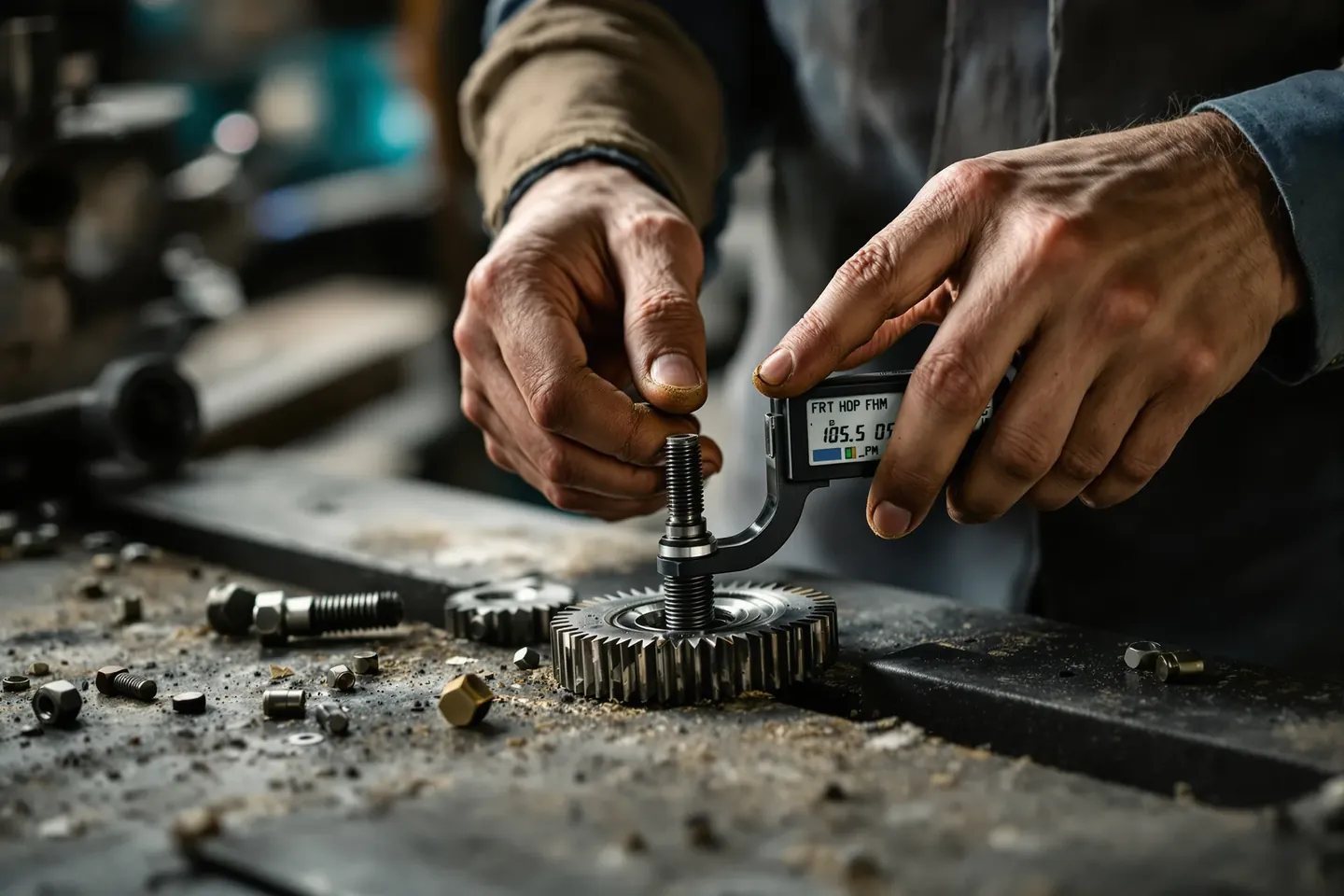 Hands checking a brass thread with a thread gauge