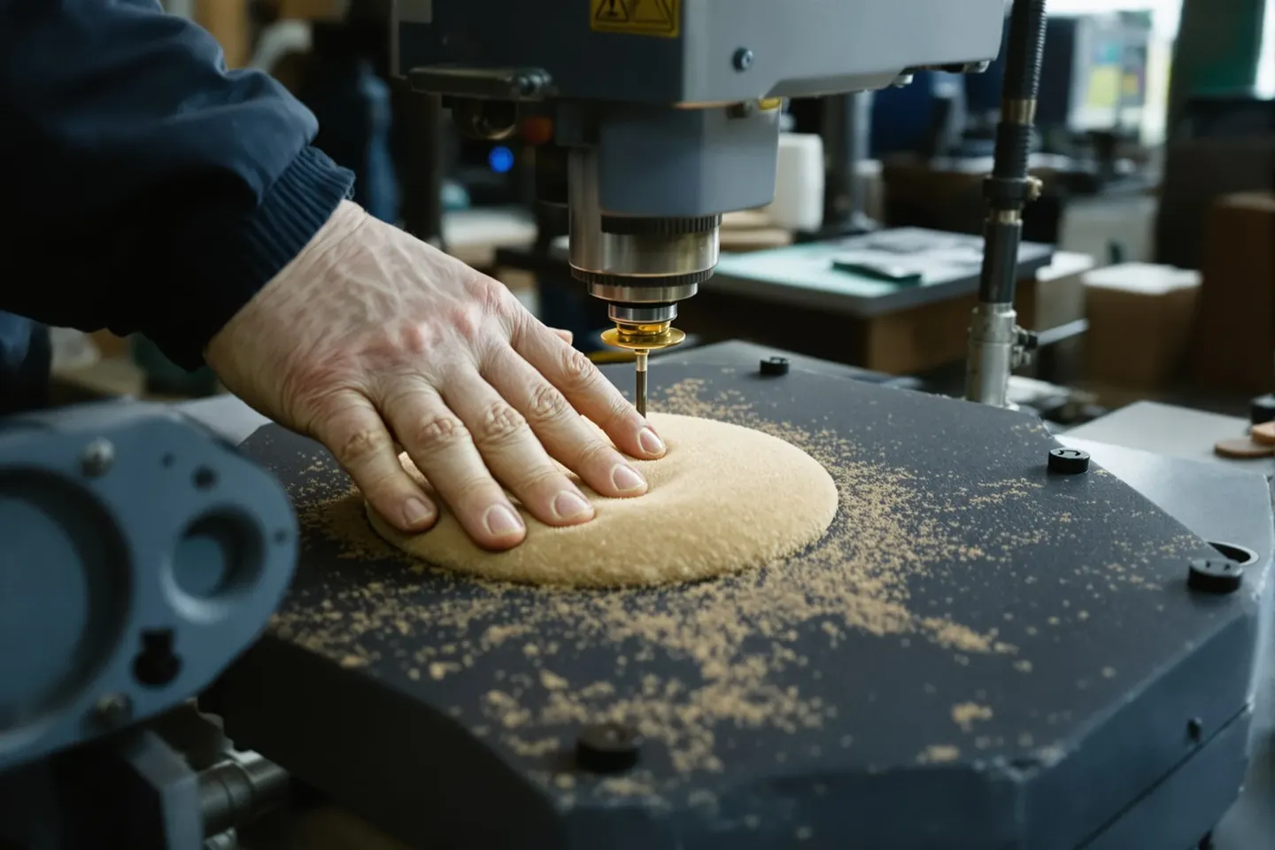 A hand testing velvet pile on an abrasion tester in a mill lab