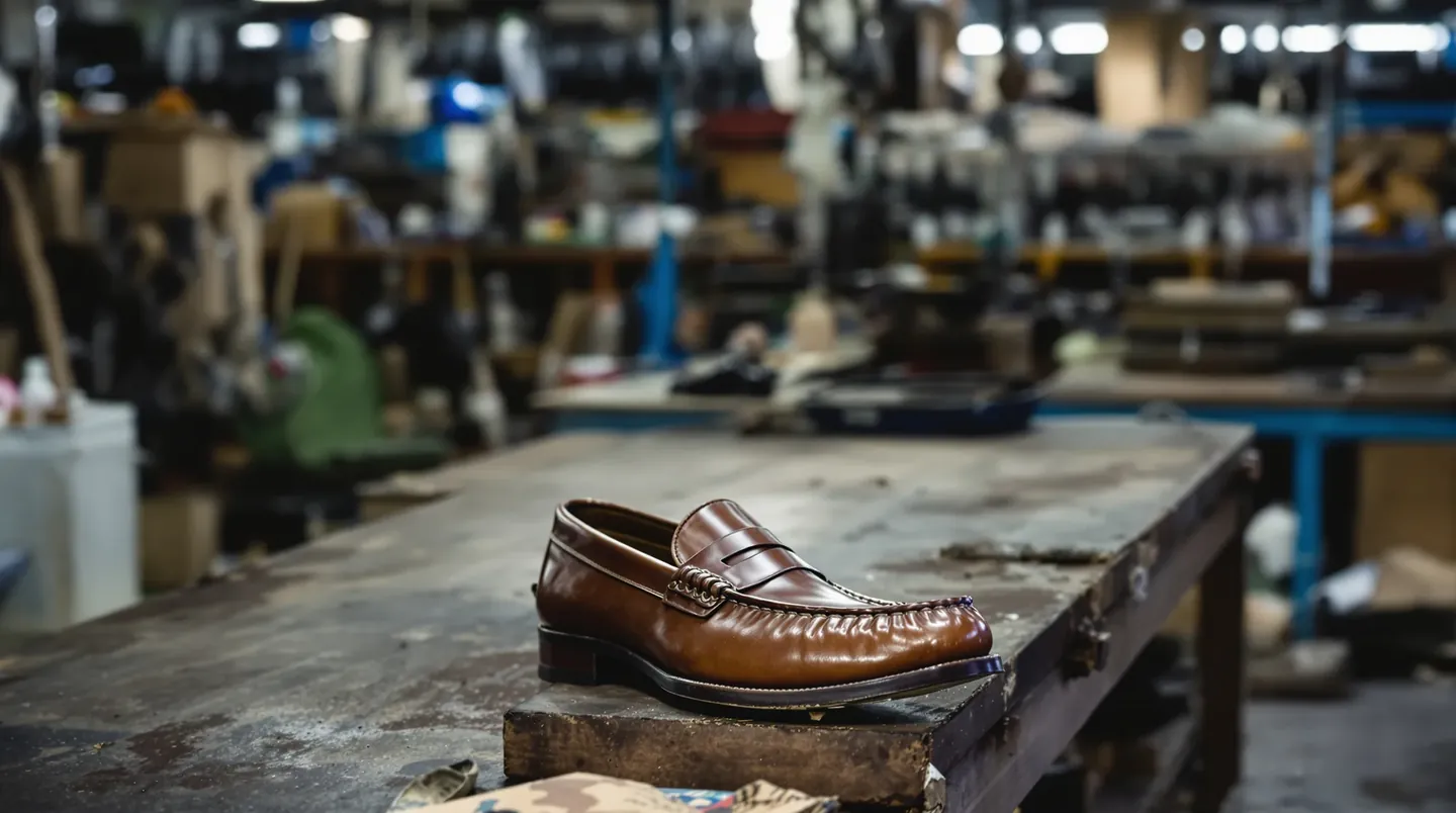 Phone photo of a single brown leather penny loafer in a workshop