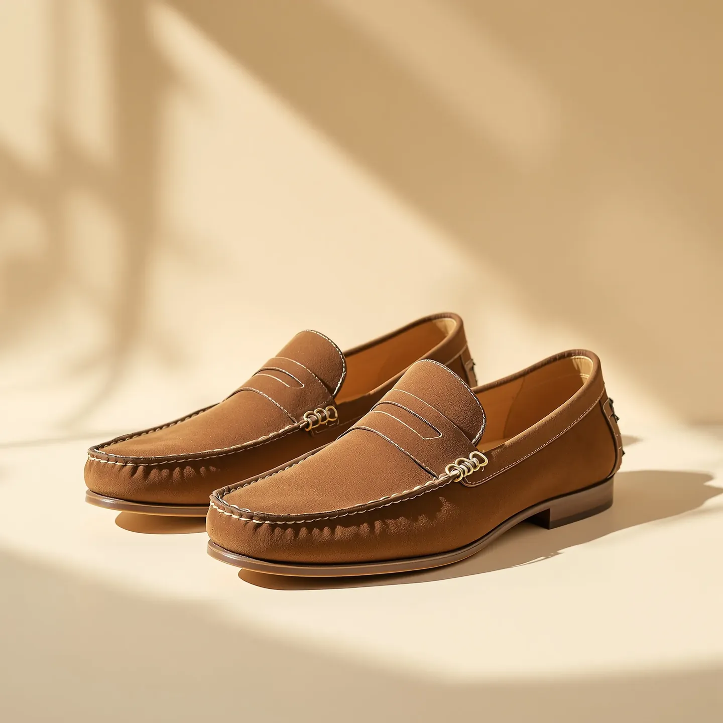 A pair of hand-lasted brown suede penny loafers with leather soles