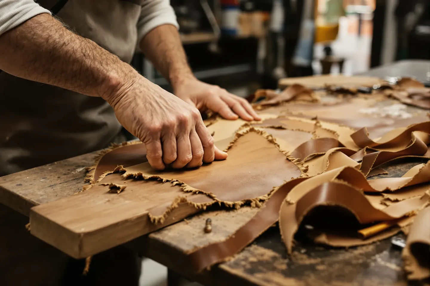 Hands pulling leather over a wooden last on a bench