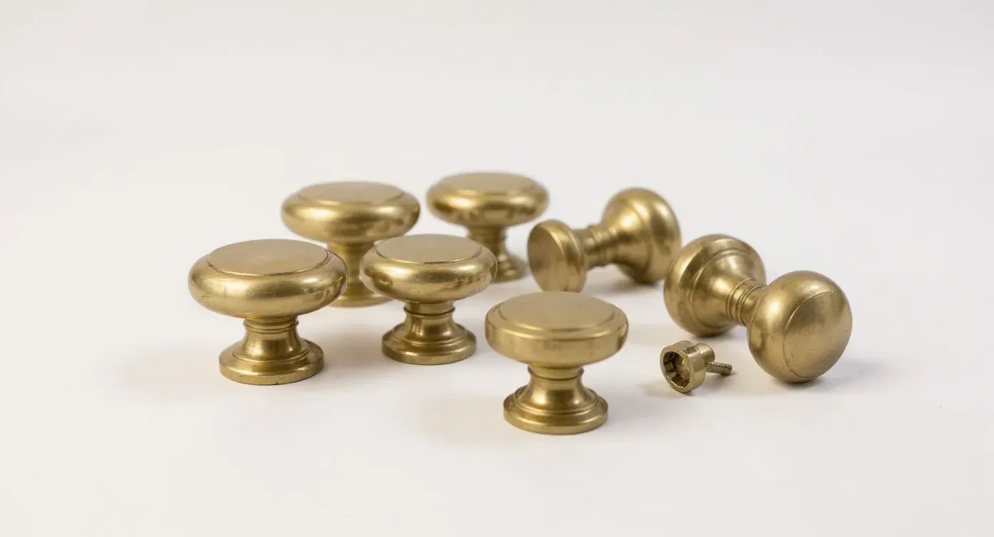 The same brass cabinet knobs and drawer slide as a clean catalog packshot