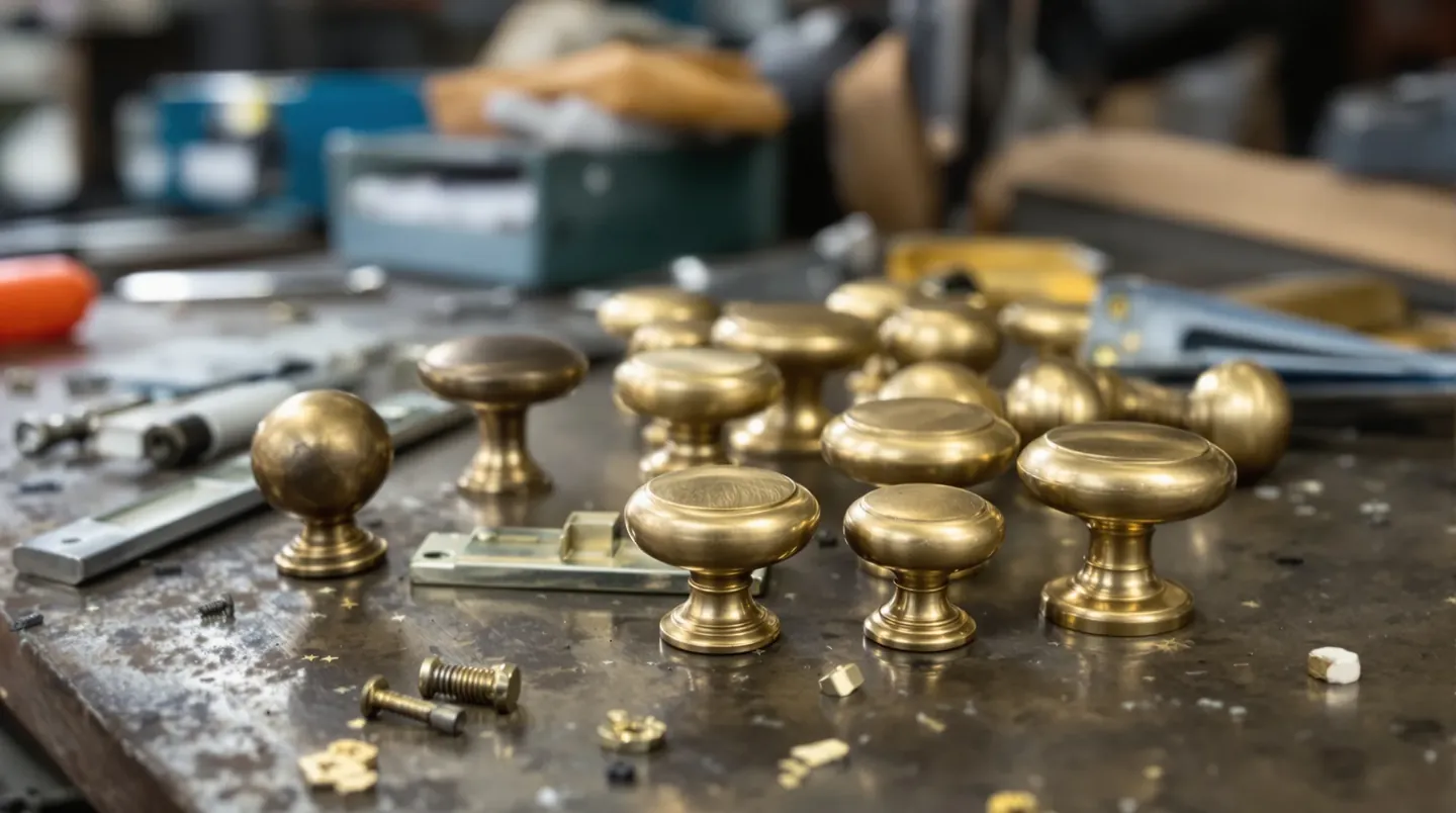 Phone photo of a handful of solid brass cabinet knobs and a drawer slide in a workshop