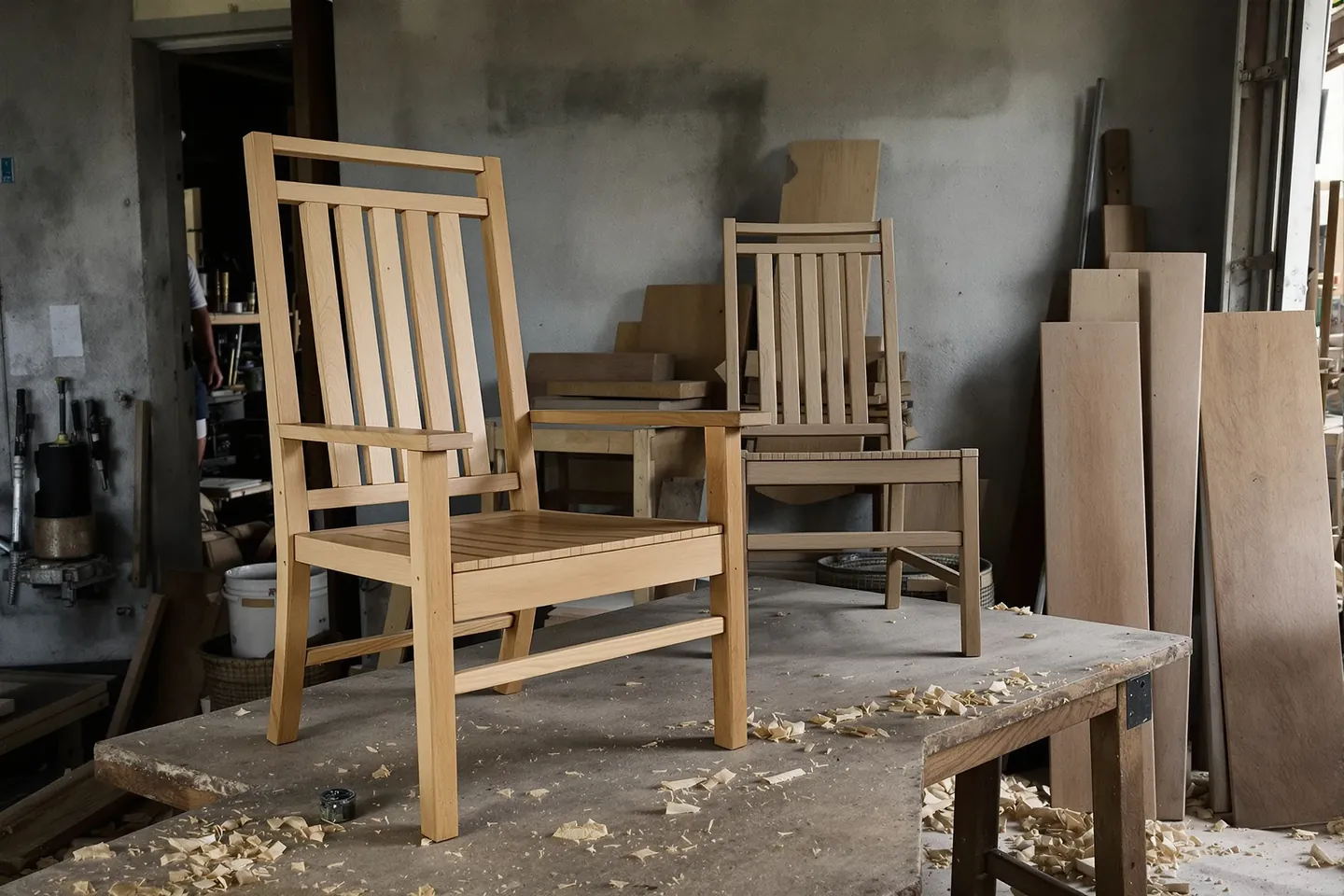 A raw unfinished teak sample chair beside the approved oiled chair on a workshop bench