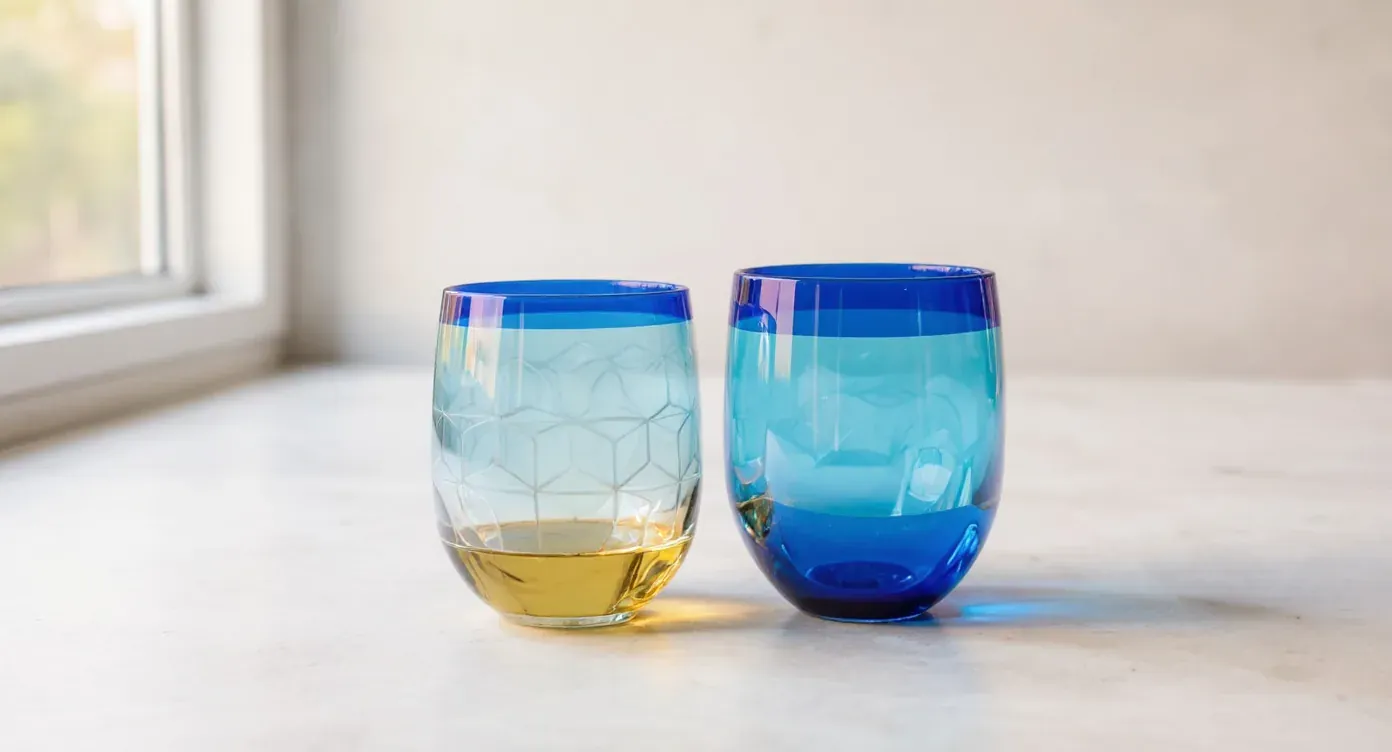 The same recycled glass tumblers with a cobalt blue rim as a clean catalog packshot