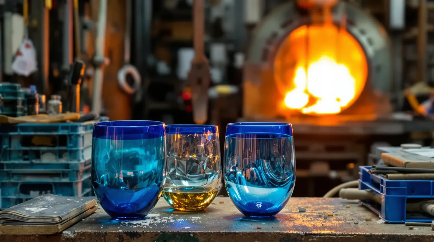 Phone photo of a set of hand-blown recycled glass tumblers with a cobalt blue rim in a workshop