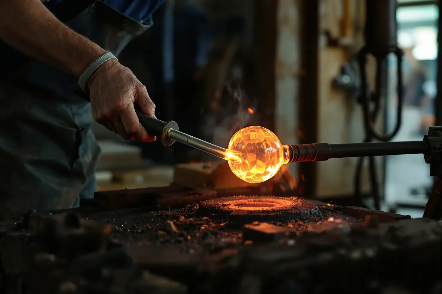 A glassblower’s hands turning a glowing gather on a blowpipe at the furnace mouth