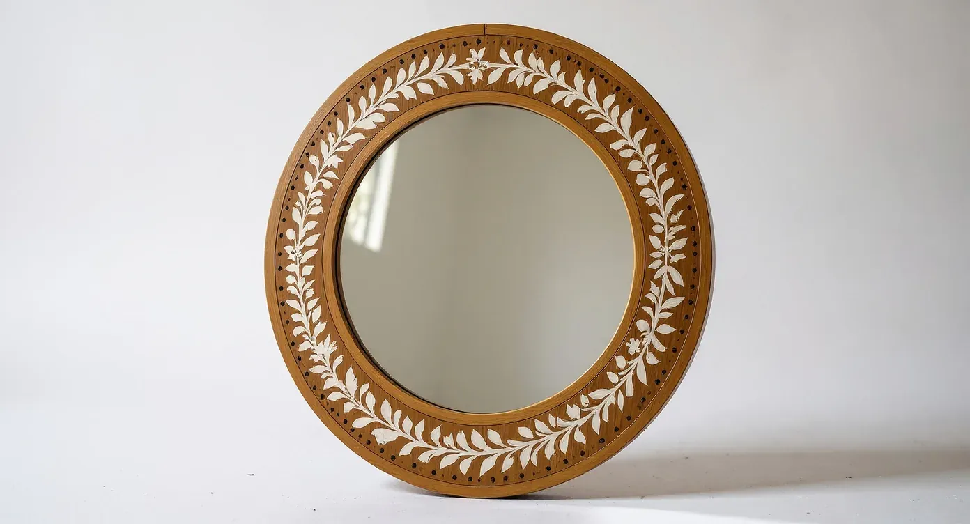 The same bone inlay mirror as a clean catalog packshot on an off-white background