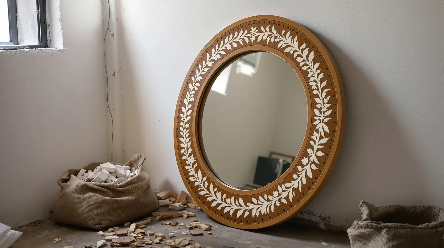 Phone photo of a round mirror with a carved mango wood frame inlaid with white bone in a floral pattern, in a workshop