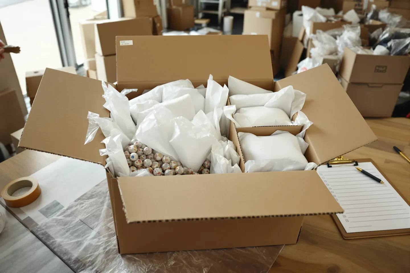 Mixed decor items, each wrapped in white tissue and bubble wrap