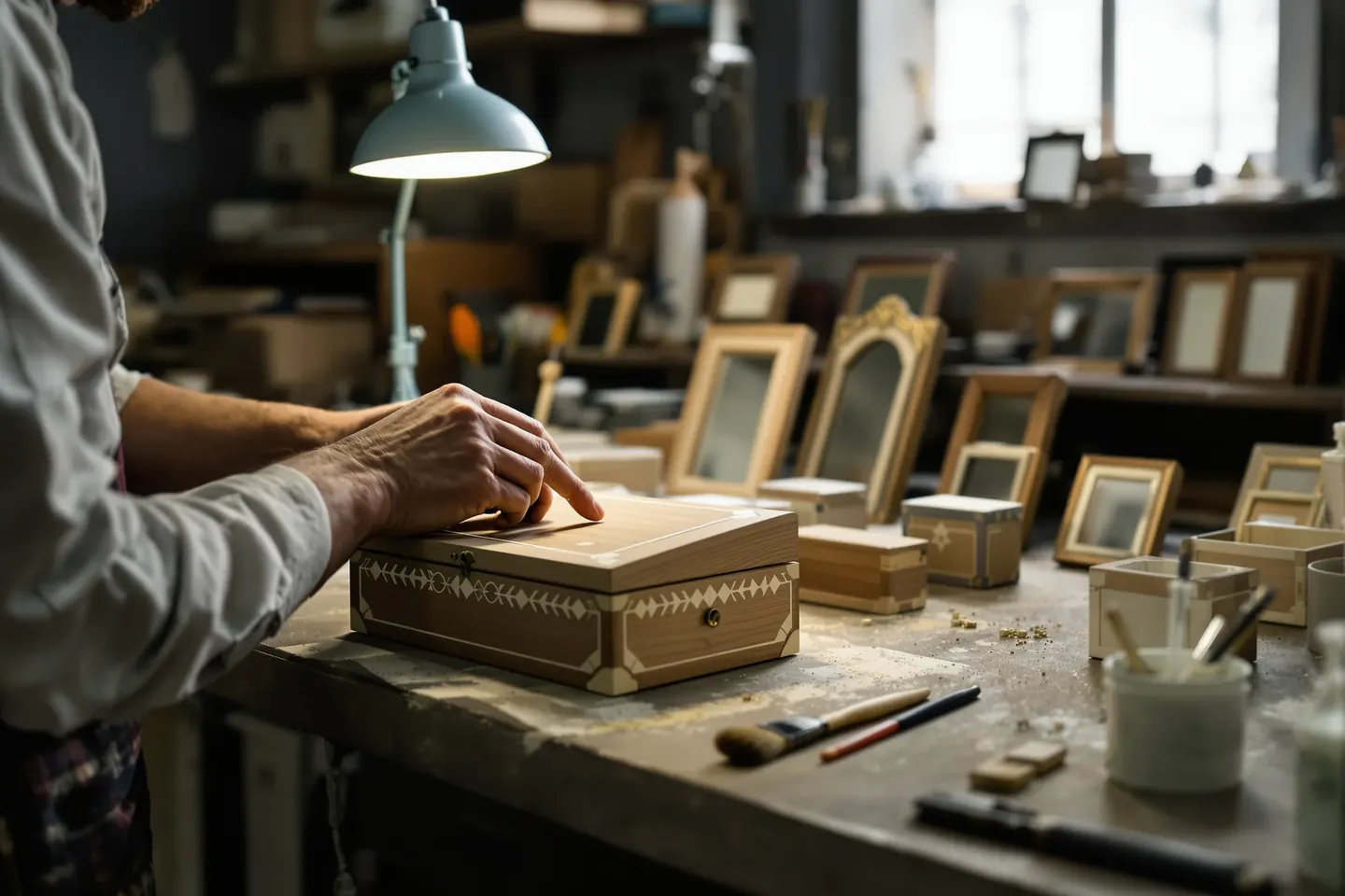 Hands running a fingertip along the joins of a bone inlay box under a desk lamp