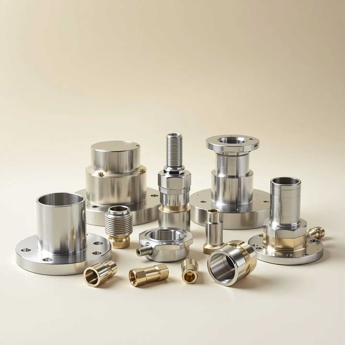 A set of precision CNC-machined stainless steel and brass flanges and fittings