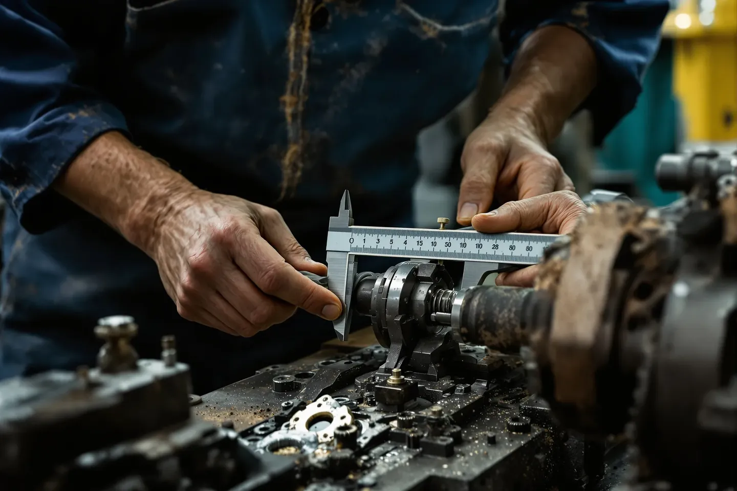 Hands measuring a turned part with a vernier caliper