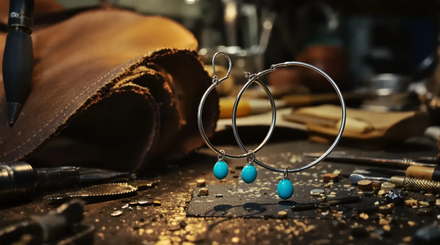 Phone photo of a pair of sterling silver hoop earrings with small turquoise drops in a workshop