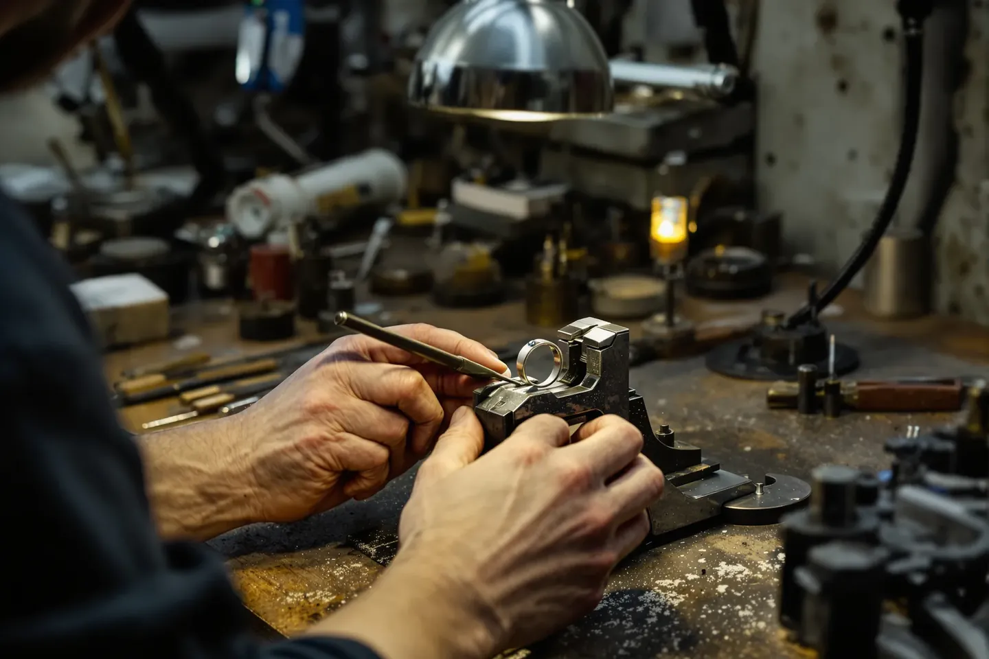 Hands setting a small stone in a silver ring held in a ring clamp under a desk lamp