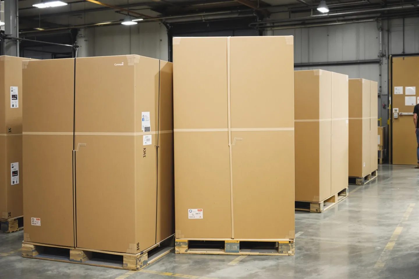 Flat-packed cabinets in cartons with corner boards on pallets