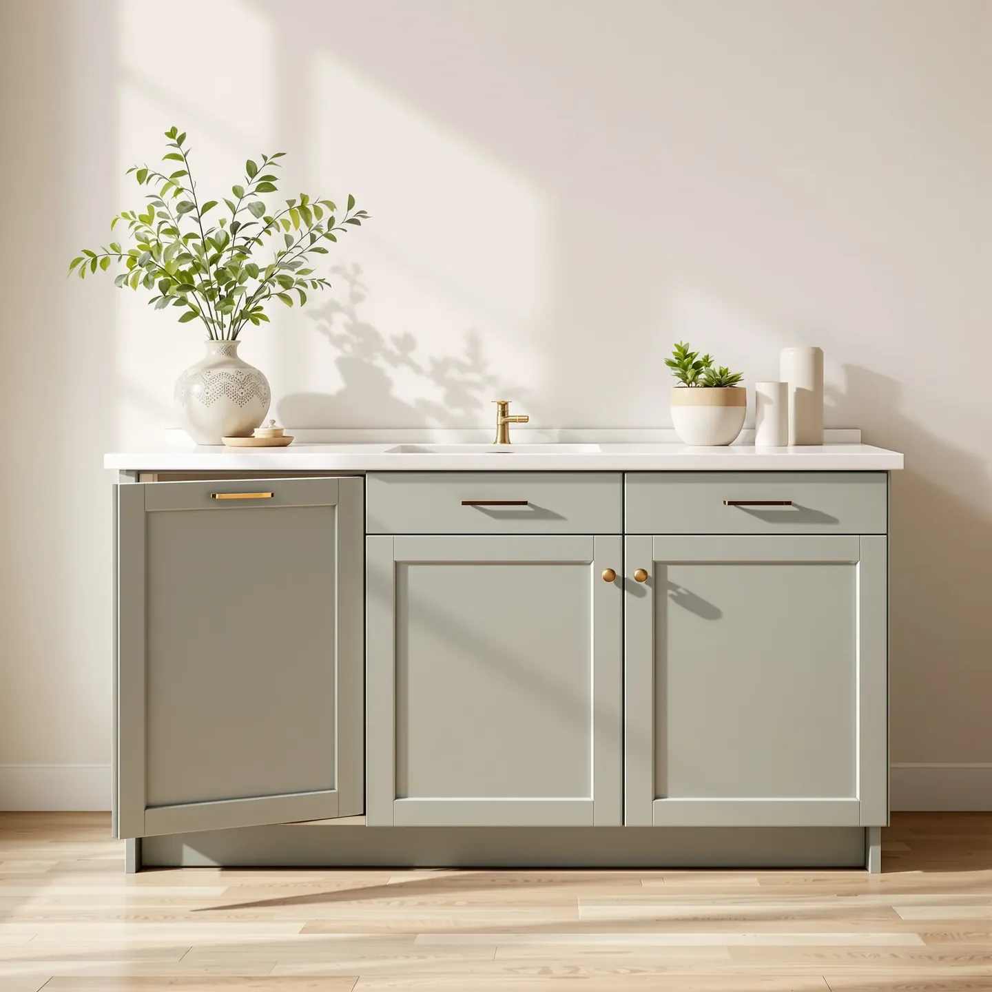 A run of three shaker kitchen base cabinets in matte sage paint