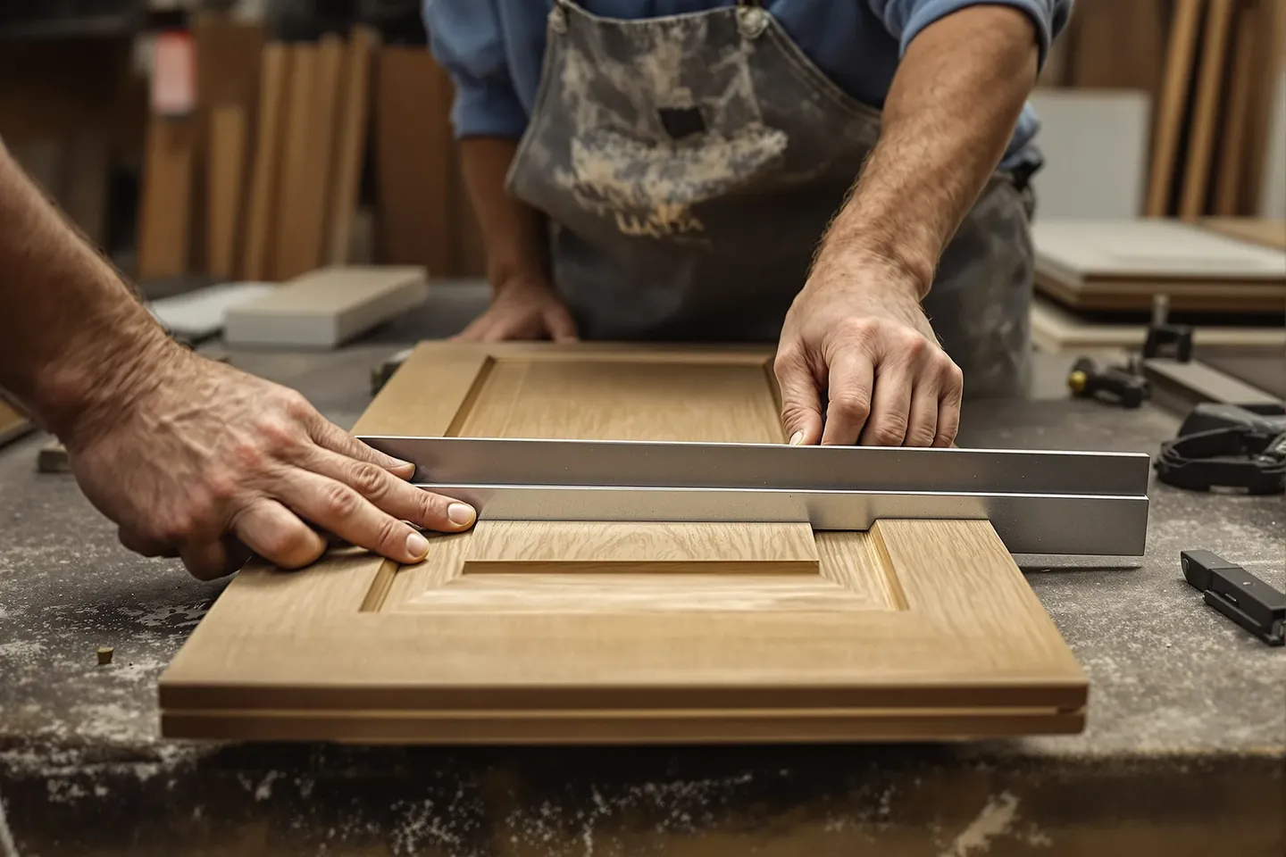 Hands checking a cabinet door for square with a steel square on a workbench