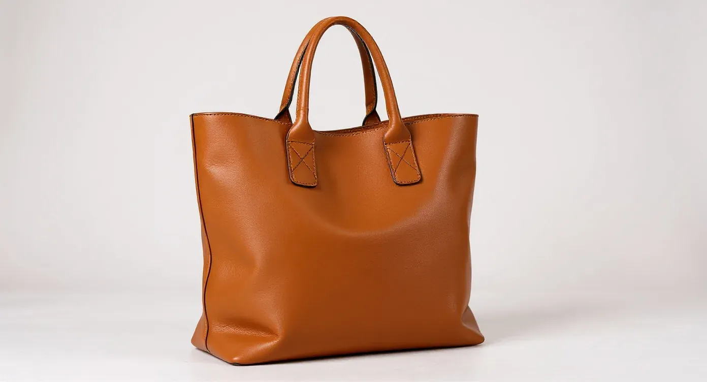 The same cognac leather tote as a clean catalog packshot on an off-white background